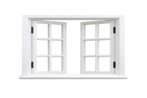 Open white window with double panes and black hinges, isolated on transparent background. window is framed in classic style, allowing for clear view through glass png