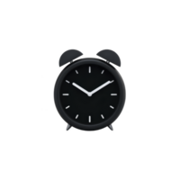 Classic black alarm clock with minimalist design, featuring two bells on top and simple clock face with white hour and minute hands. clock exudes vintage yet modern aesthetic png