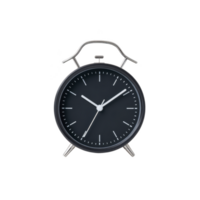 Classic black analog alarm clock with minimalist design, featuring round face, white hour and minute hands, and metal frame. clock stands on two metal legs png