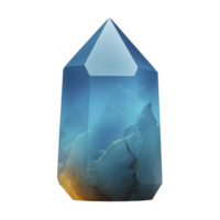 Mesmerizing blue crystal with pointed top and gradient of colors from blue to orange at base, resembling serene landscape png