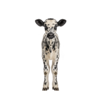 Young, black and white spotted calf stands facing forward against plain background, showcasing its distinctive markings and curious expression png