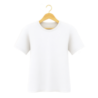 Plain white t shirt is displayed on wooden hanger against transparency background, showcasing its simple and classic design. shirt is short sleeved and made of cotton png
