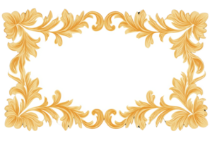 Ornate golden floral frame with intricate leaf patterns, perfect for elegant invitations or decorative borders. design features swirling motifs and classic, luxurious feel png