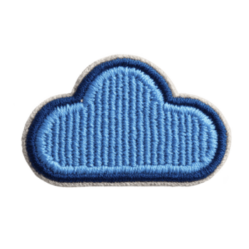 blå broderad moln lappa med texturerad yta och mörk blå översikt, uppsättning mot enkel bakgrund. lappa har mjuk, avrundad form och enkel, lekfull design png