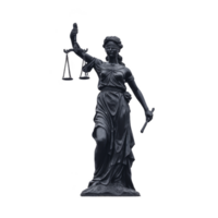 Statue of Lady Justice stands with blindfold, holding scales and sword, symbolizing fairness and law. dark tone adds solemn and authoritative feel to image png