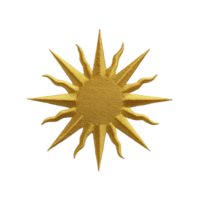 Golden sun emblem with wavy rays radiates against transparency background, symbolizing warmth and energy. intricate embroidery adds texture and depth to design png