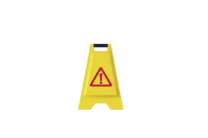Yellow caution sign with red warning symbol stands on plain background, indicating potential hazards. sign is designed to alert people to be cautious in area png