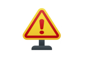 Yellow triangular warning sign with red exclamation mark is displayed, symbolizing caution or alert. sign is mounted on gray stand, emphasizing its importance and visibility png