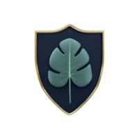 Shield emblem featuring stylized green leaf on dark textured background, symbolizing nature and protection. design is simple yet elegant, with gold outline adding touch of sophistication png