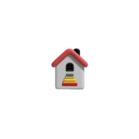Small, colorful toy house with red roof and rainbow steps, evoking playful and cheerful vibe. house features simple design with black door and window png