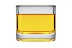Clear glass filled with amber liquid, likely whiskey or similar spirit, is shown against transparency background. glass has simple, modern design, emphasizing rich color of drink png