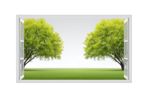 Serene view through open window reveals two lush green trees against clear sky, creating peaceful and refreshing atmosphere png