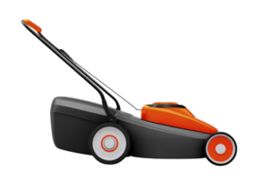Modern electric lawn mower with sleek design, featuring black and orange color scheme, large wheels, and ergonomic handle for easy maneuverability png