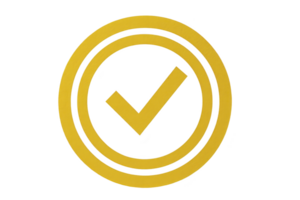 Yellow check mark is enclosed within circular border, symbolizing approval or completion. design is simple and bold, often used in digital interfaces to indicate successful action or confirmation png