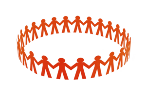 Circle of orange paper cutout figures holding hands symbolizes unity and community. simplistic design conveys sense of togetherness and cooperation, emphasizing collective harmony png