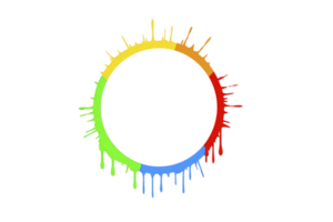 Vibrant circular design with dripping paint in rainbow colors creates dynamic and artistic effect. gradient transitions smoothly from red to blue, green, and yellow, forming complete circle png
