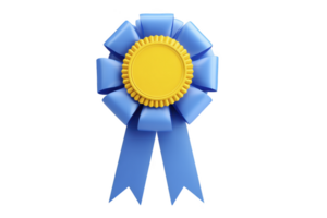 Blue ribbon with yellow center, symbolizing achievement or award, is displayed. ribbon features circular rosette design with two tails, often used in competitions or ceremonies png