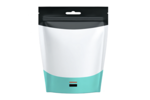 Sleek, modern stand up pouch with resealable zipper, featuring minimalist design in white and teal, ideal for packaging food or other products png