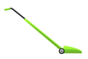 Bright green lawn mower with sleek design and long handle, perfect for efficient grass cutting. modern style and vibrant color make it stand out, ideal for garden maintenance png