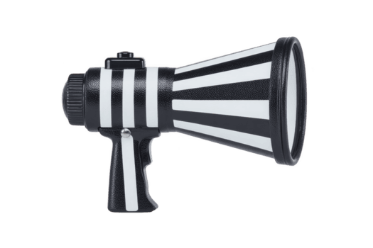 negro y blanco a rayas megáfono con encargarse de y desencadenar, diseñado para amplificando sonido, soportes fuera con sus negrita modelo. dispositivo es comúnmente usado para público anuncios y eventos png