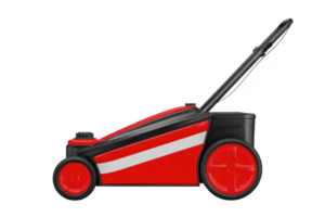 Red and black lawn mower with sleek design and large wheels, perfect for efficient grass cutting. handle is adjustable for comfortable use png