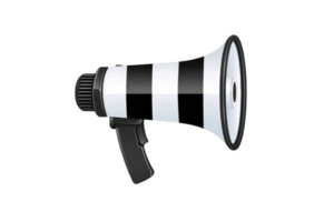Black and white striped megaphone with sleek design, featuring handle and flared bell, used for amplifying sound in public announcements or events png