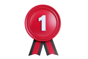Red first place medal with white number one symbolizes achievement and success. medal features circular design with ribbon accents, conveying sense of victory and excellence png