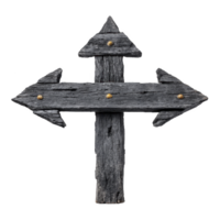 Rustic wooden signpost with three directional arrows, weathered and textured, featuring metal rivets for vintage look. arrows point in different directions, suggesting guidance or choice png