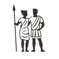 Two ancient figures stand side by side, one holding spear, both dressed in traditional attire, evoking sense of history and strength png