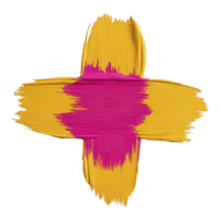 Vibrant cross shaped brushstroke features bold yellow and pink colors, creating striking abstract design. textured paint strokes add depth and energy to composition png