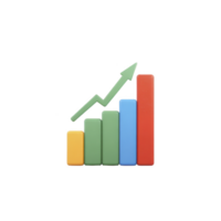 Colorful 3D bar chart with upward arrow symbolizing growth and success. bars are in yellow, green, blue, and red, representing data analysis and business progress png