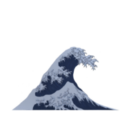 Stylized illustration of large ocean wave with intricate details and dynamic shape, reminiscent of traditional Japanese art. wave is depicted shades of blue and white, capturing sense of movement png