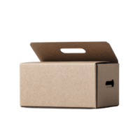 Plain cardboard box with handle is shown, ideal for packaging or storage. box is simple and functional, suitable for various uses in shipping or organizing items png