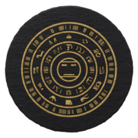 Circular design featuring intricate golden symbols and patterns transparency background, resembling ancient calendar or astrological chart. central motif includes stylized face surrounded by png