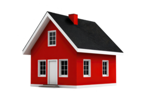 Small, red house with gabled roof and white trim, featuring multiple windows and chimney, stands isolated on transparency background. simple design evokes cozy and inviting atmosphere png
