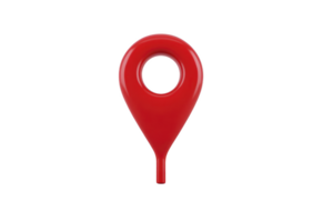 Red 3D map pin icon with glossy finish, symbolizing location or navigation, isolated on transparency background. pin has circular hole in center, giving it modern and sleek appearance png