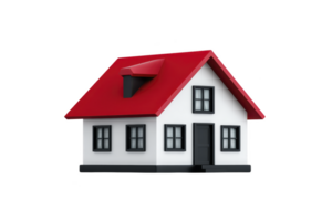Small, white house with red roof and black windows, isolated on transparency background, symbolizes home and real estate concepts. simple design evokes sense of comfort and security png