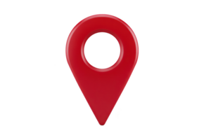 Red location pin icon with circular hole in center, symbolizing navigation and mapping. glossy finish adds modern touch, making it ideal for digital maps and apps png