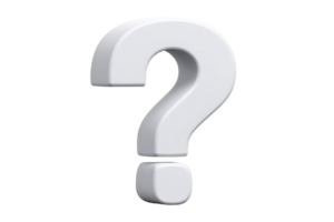 Large, white 3D question mark stands against plain background, symbolizing inquiry and curiosity. smooth, glossy surface reflects light, adding depth and dimension to image png
