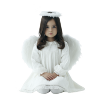 Young girl dressed as angel sits gracefully, wearing white dress with lace details, fluffy wings, and halo. Her serene expression adds touch of innocence and purity to scene png