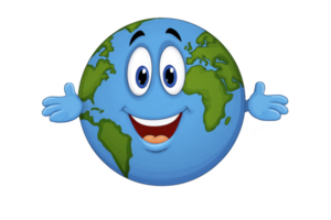 Cheerful cartoon Earth character with smiling face and open arms, symbolizing friendliness and environmental awareness. globe features green continents and blue oceans, conveying positive message png