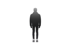 Silhouette of person wearing jacket and sneakers stands against transparency background, creating minimalist and mysterious atmosphere. figure posture is relaxed, suggesting calmness png