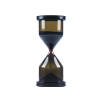 Classic hourglass with black sand and sleek design symbolizes passage of time. transparent glass and contrasting dark sand create striking visual effect, evoking sense of urgency png