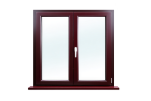 Modern double pane window with sleek dark brown frame and clear glass, designed for energy efficiency and contemporary aesthetics. window features central handle for easy opening and closing png