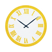 Round wall clock with yellow border and Roman numerals displays classic design. clock hands are black, contrasting with white face, creating timeless and elegant appearance png