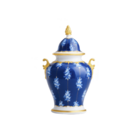 Elegant blue porcelain vase with intricate floral patterns and gold accents, featuring ornate handles and decorative lid. design exudes classic and luxurious aesthetic png