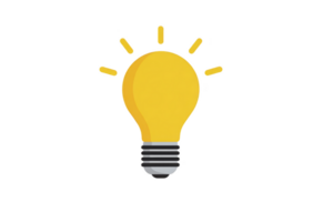 Bright yellow light bulb icon with glowing effect, symbolizing creativity and innovation. simple design features classic bulb shape with rays emanating from top, set against transparent background png