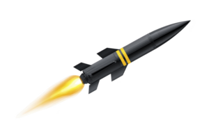 Sleek black rocket with yellow stripes and fiery exhaust, soaring through space. dynamic motion and vibrant colors convey sense of speed and adventure png