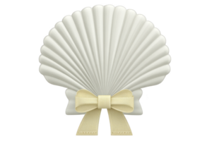 Decorative white seashell with cream ribbon bow creates elegant and coastal inspired design, perfect for beach themed decor or invitations png