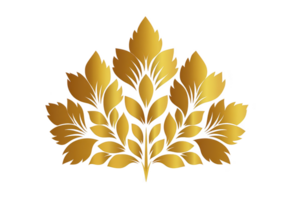 Golden leaf pattern with intricate design, featuring symmetrical arrangement and elegant details, perfect for decorative purposes or artistic projects. metallic sheen adds luxurious touch png